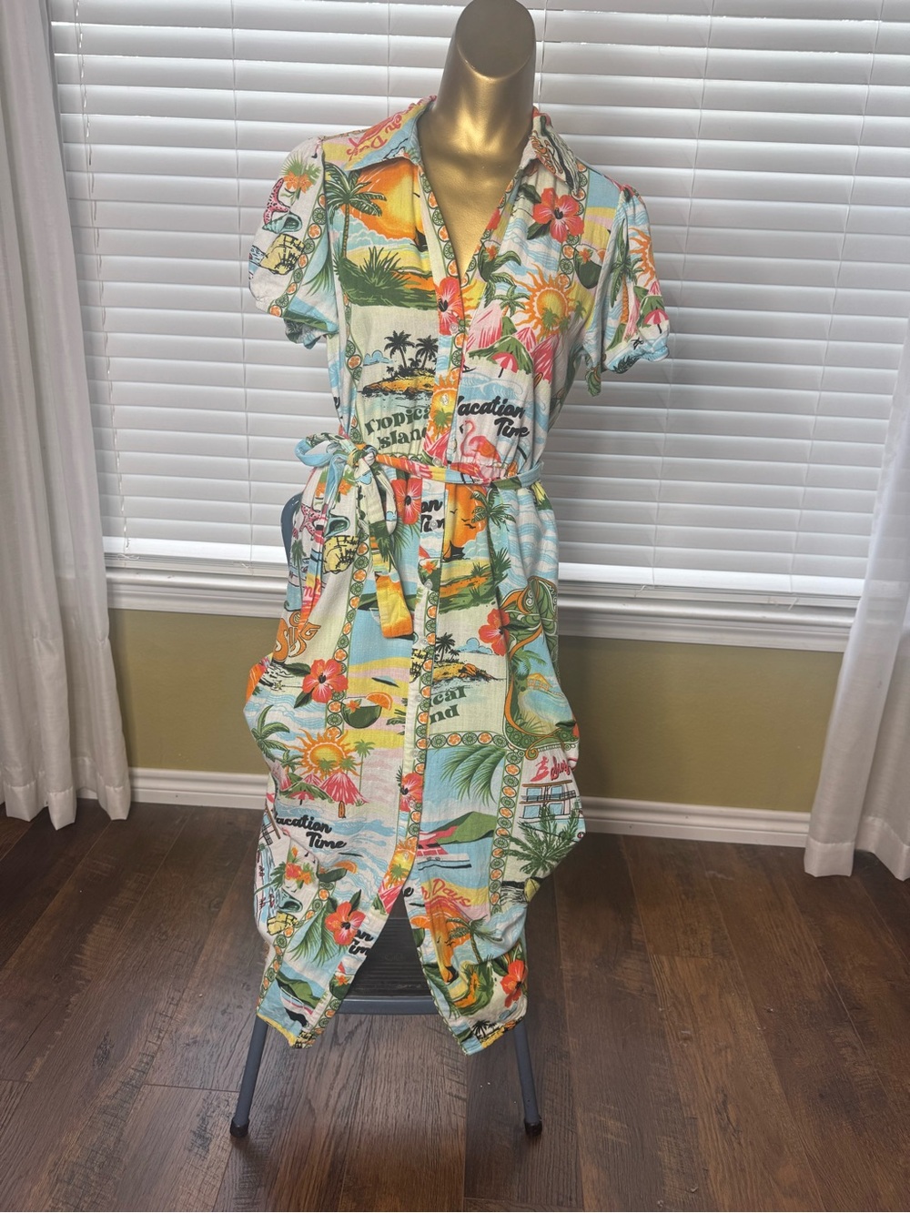 Tropical Print Button-Front Midi Dress with Self-Tie Waist - Multi-Color